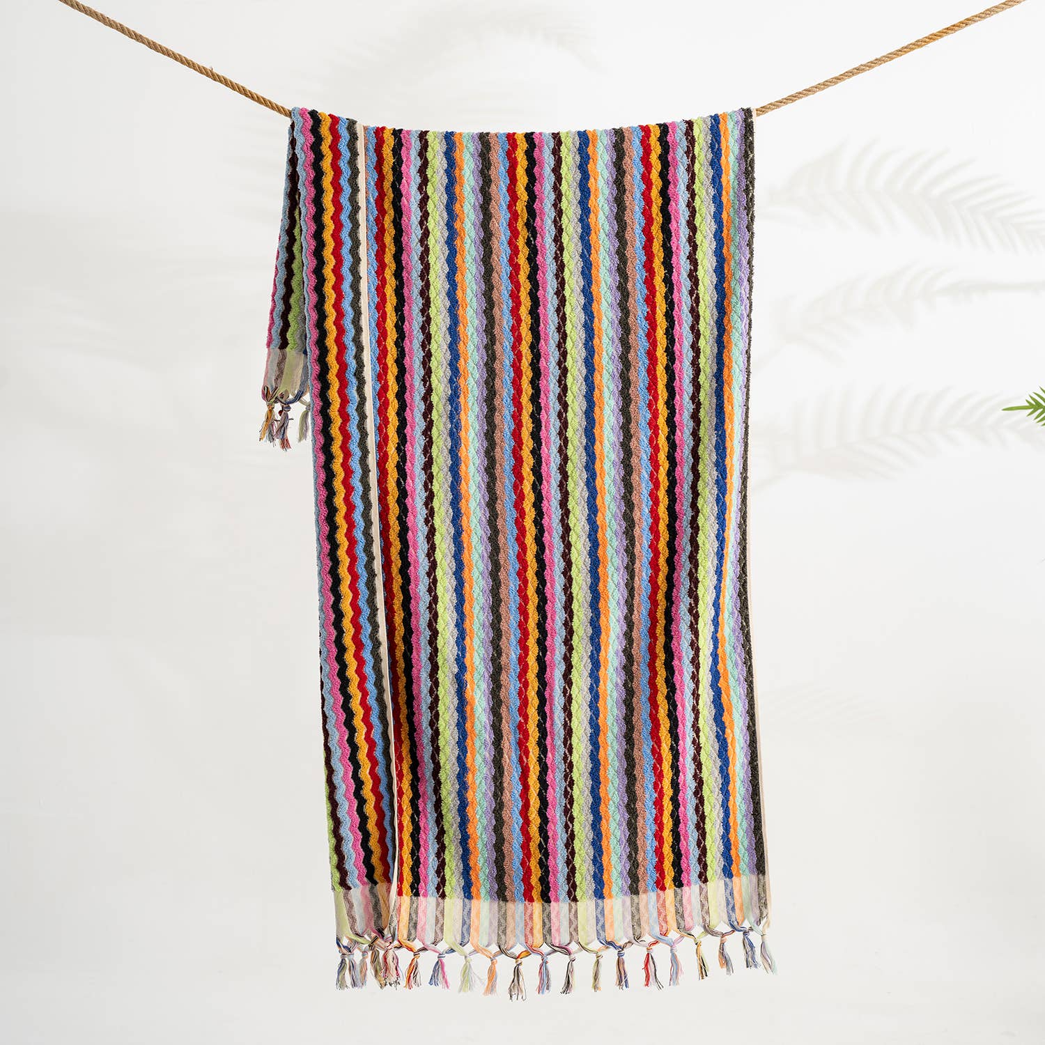 Pompom Zigzag Handloom Turkish Bath Towels / Multi Color Rainbow Striped