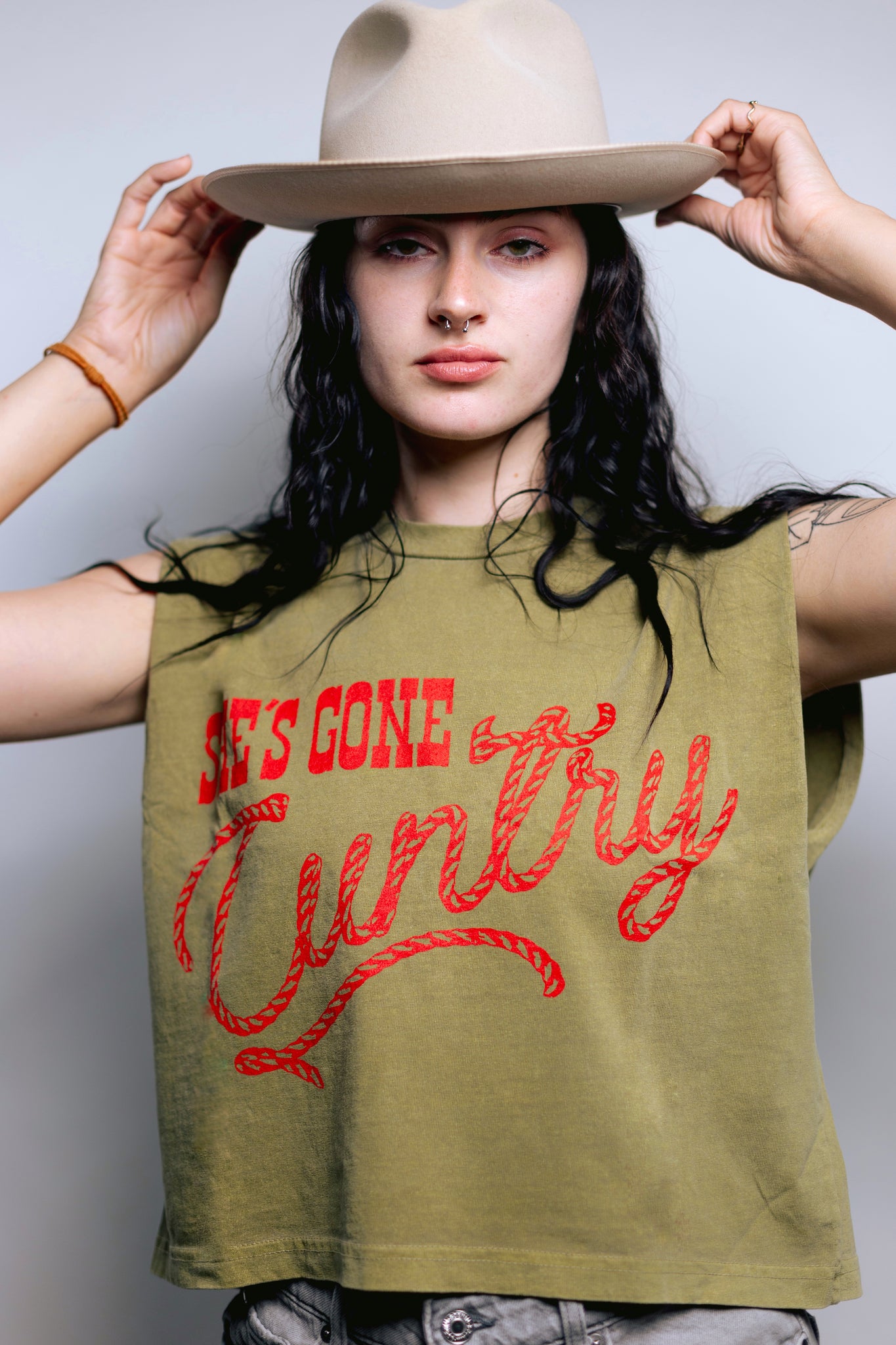 She's Gone Cuntry Crop Top Muscle Tee (Off White)