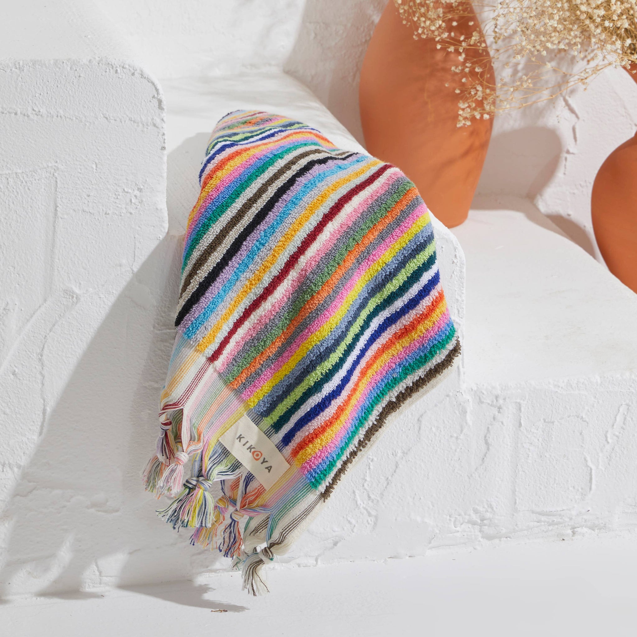 Rainbow Stripe Handloomed Turkish Hand Towels 17x38" Bohemian: Multi-Colored