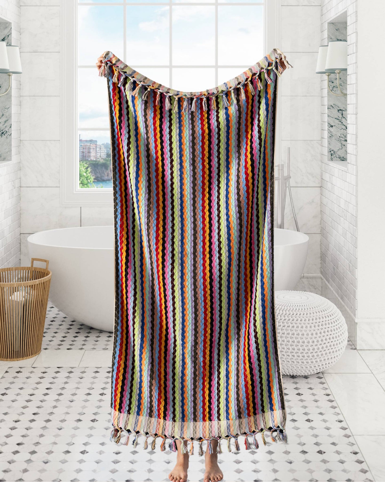 Pompom Zigzag Handloom Turkish Bath Towels / Multi Color Rainbow Striped