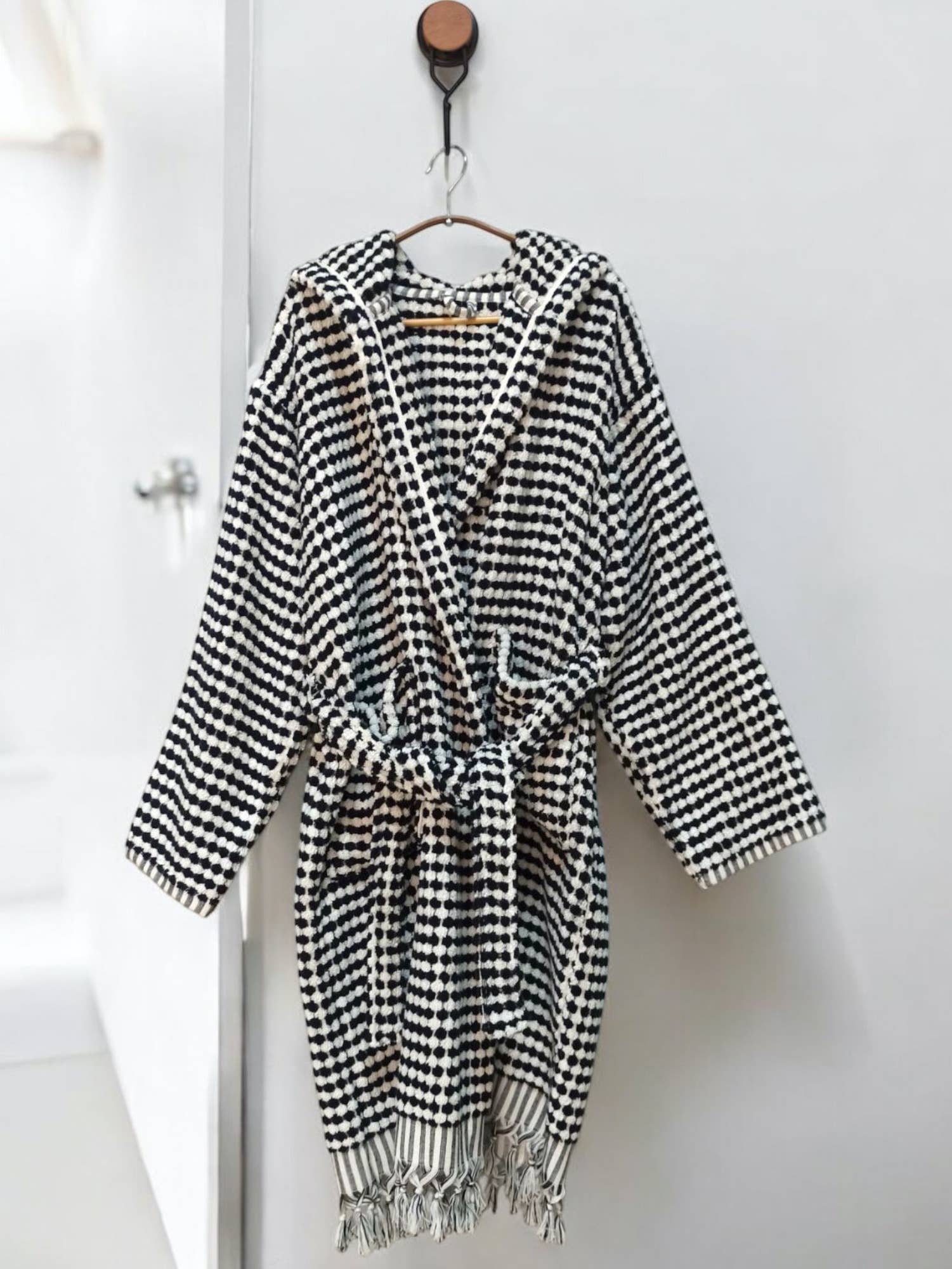 Black and White Pom Pom Bathrobe Turkish Cotton
