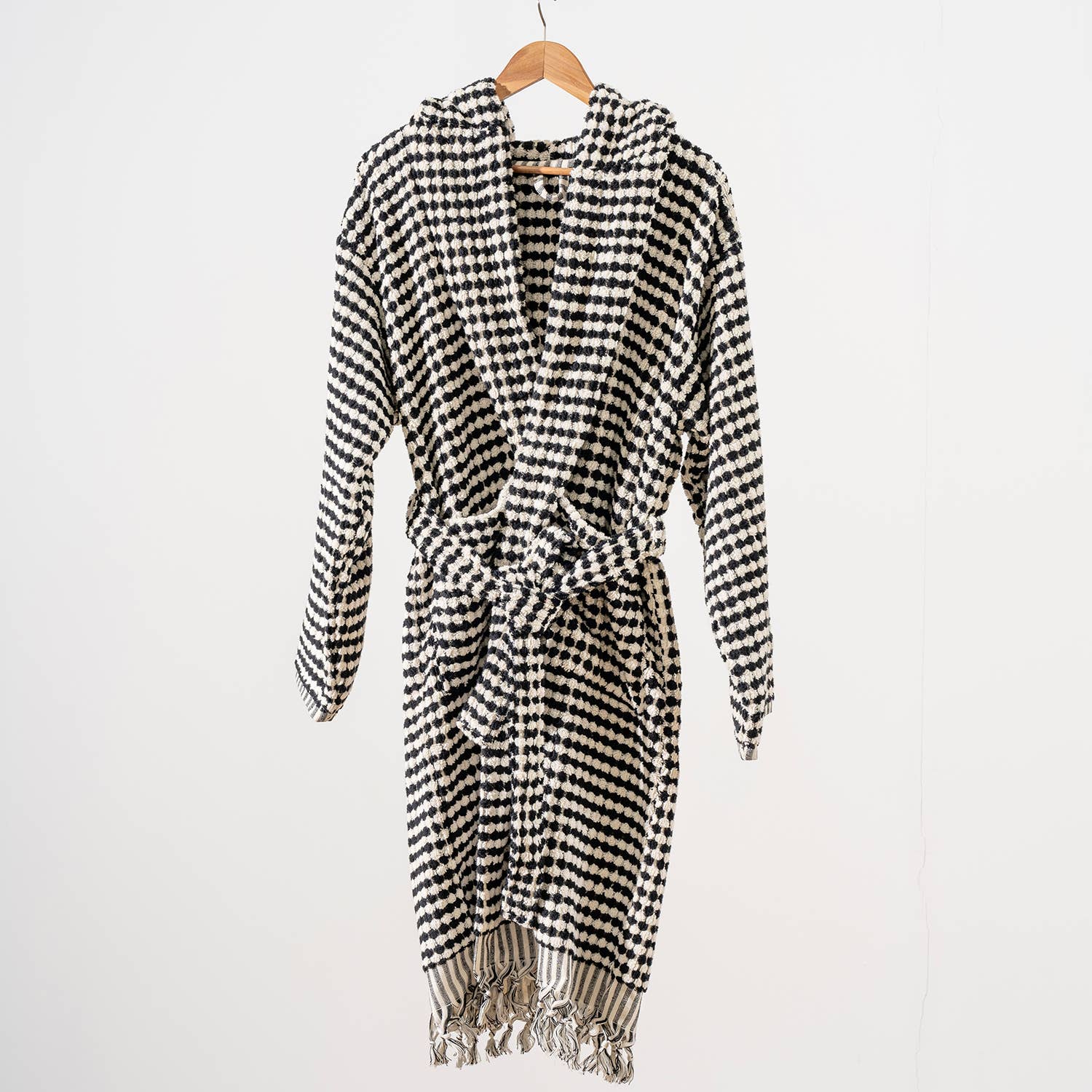 Black and White Pom Pom Bathrobe Turkish Cotton