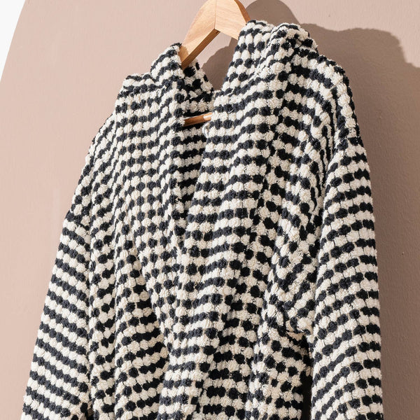 Black and White Pom Pom Bathrobe Turkish Cotton
