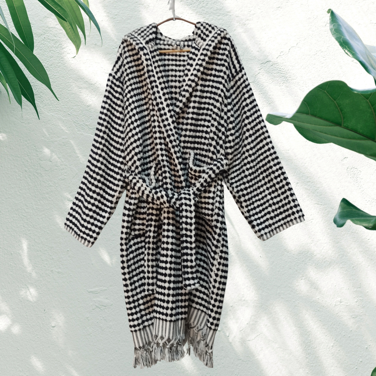 Black and White Pom Pom Bathrobe Turkish Cotton